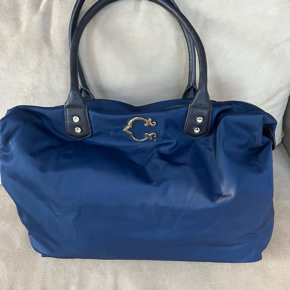 C Wonder Navy Nylon Waterproof L Tote Shoulder Bag Brown Faux  Leather Handle